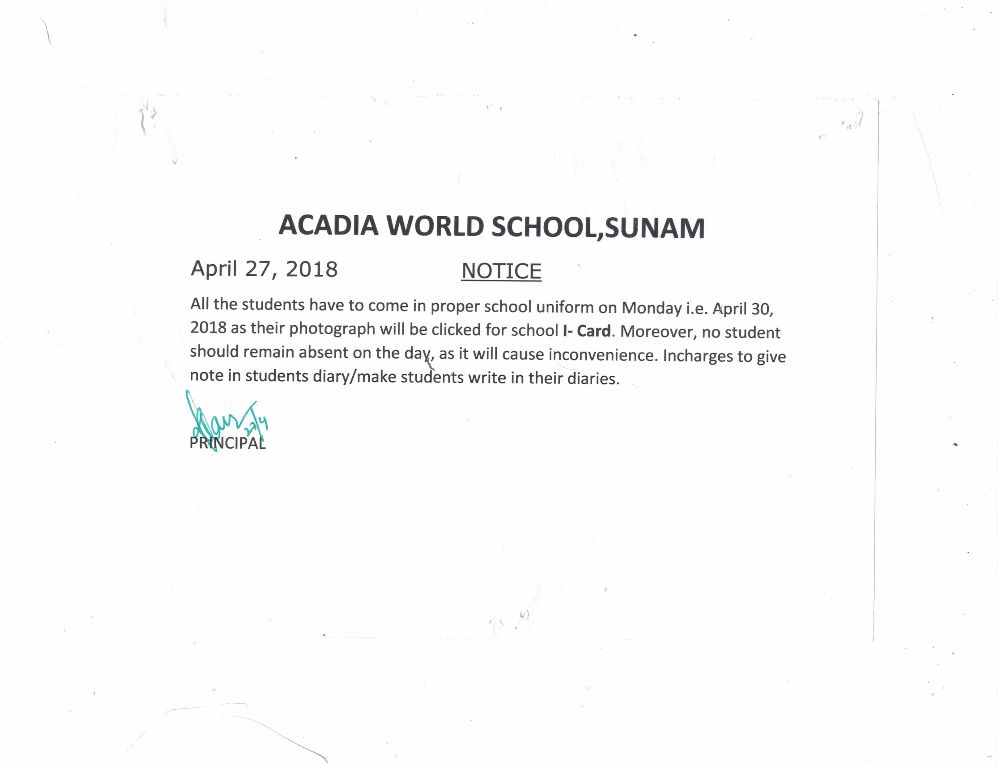 Notice 27 April, 2018