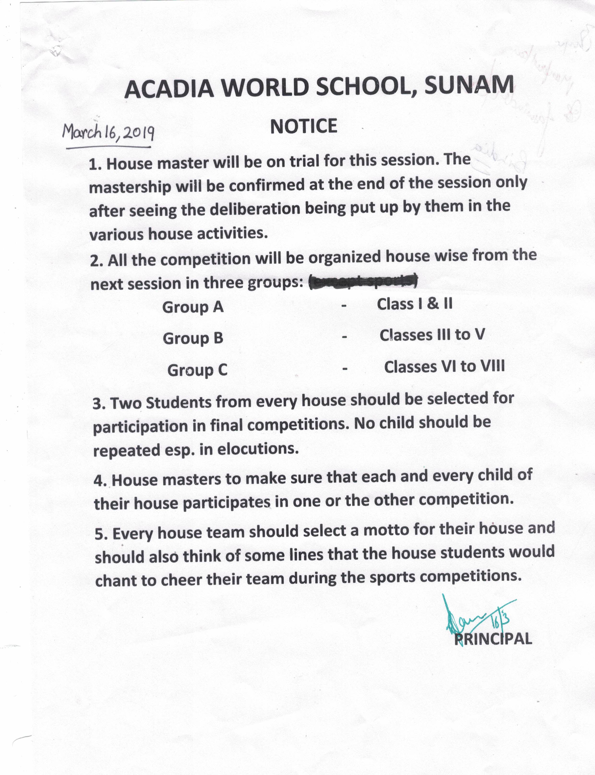 Notice 16 March, 2019